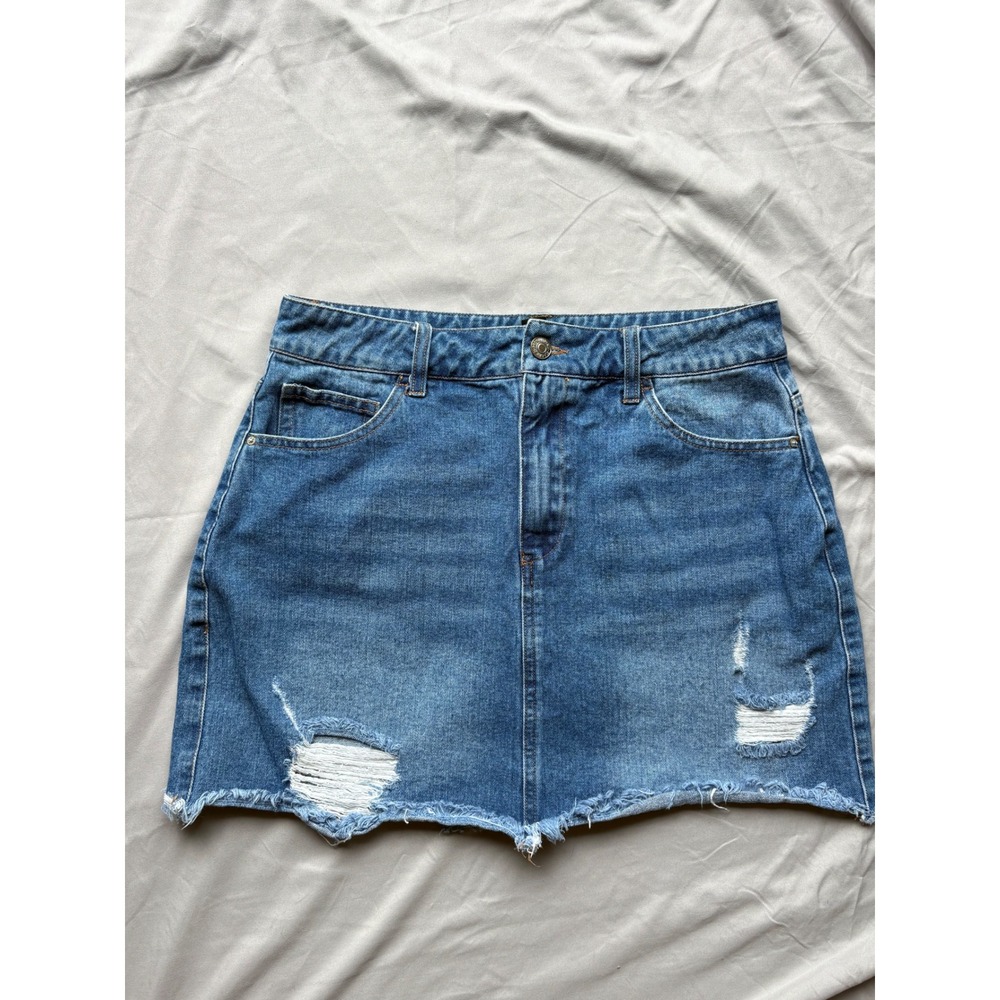 Unbranded Distressed Denim Mini Skirt Medium Wash Frayed Hem Womens Size L
